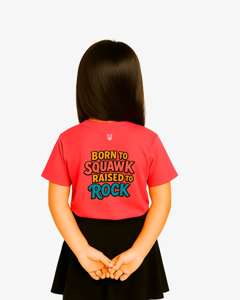 Camiseta niños Born to squawk, raised to Rock (rojo crisanteno) (detrás)